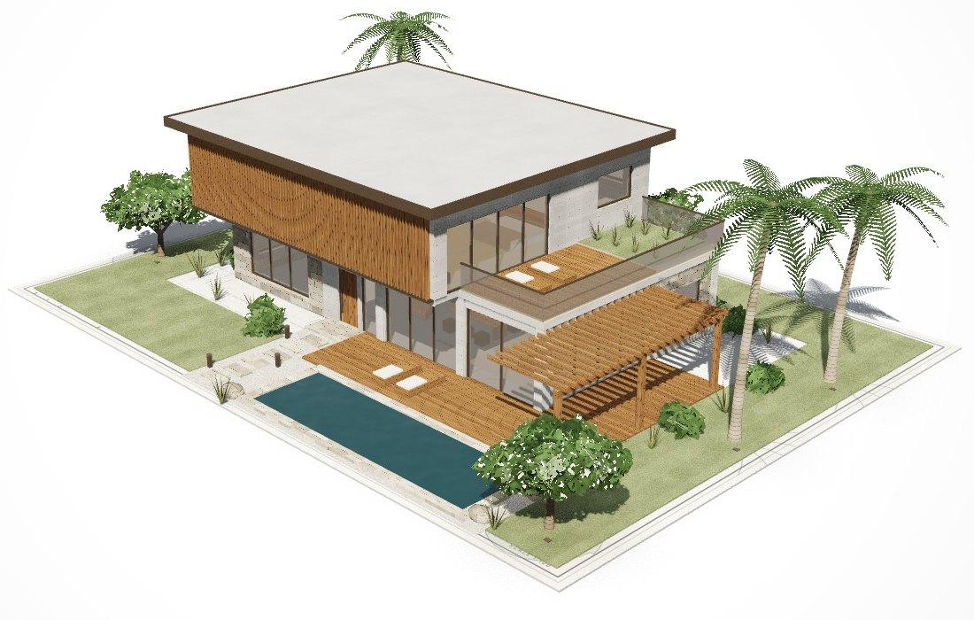 Placeholder render: aerial view of a two-storey house with pool, deck and pergola