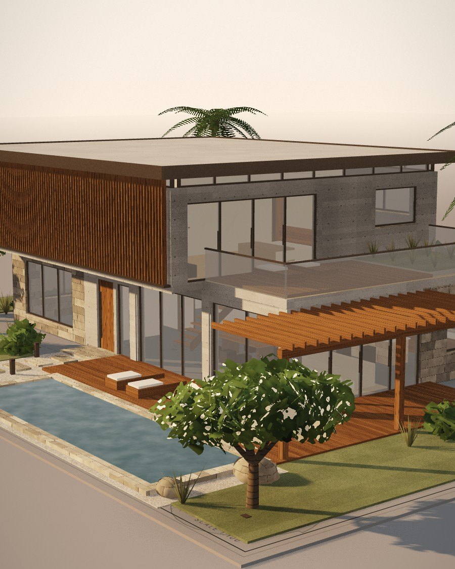 Placeholder render of a two-storey house, pool and pergola at golden hour